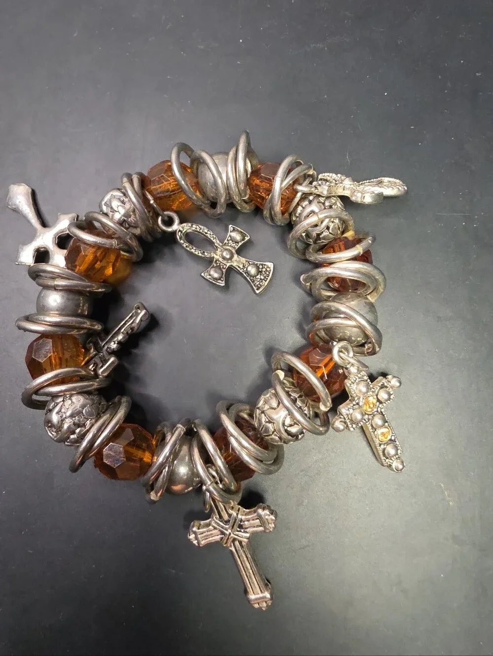 Amber Glass Bead Cross Charm Stretch Bracelet - Women Jewelry